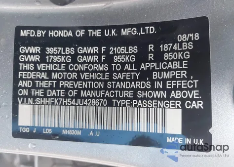 2018 Honda Civic Ex from USA, damaged, VIN SHHFK7H54JU428670